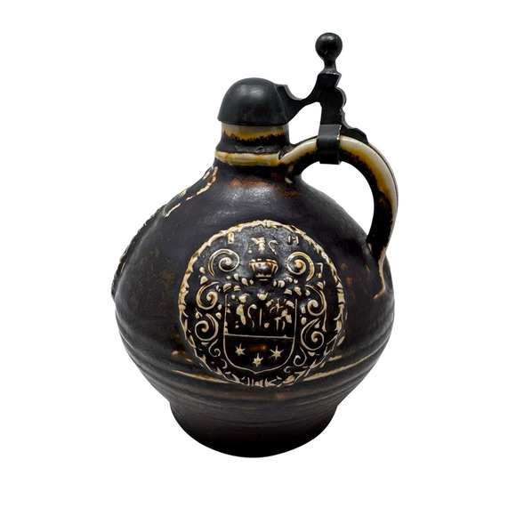 Vintage German Salt Glaze Stoneware Jug w/ Pewter Lid 6.5” Coat of Arms Marked 9 - Picture 5 of 16